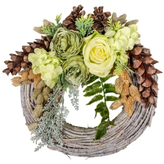   Vesszős szalma koszorú selyem és szárazvirág díszítéssel 28cm
