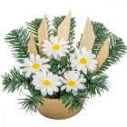 Sírdísz féloldalas kis tálban fehér margaréta selyemvirággal M20x25cm
