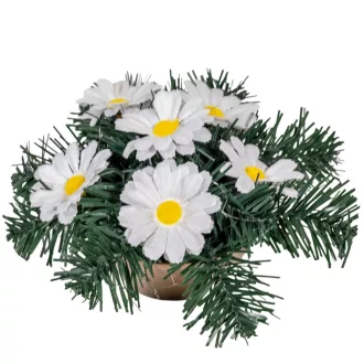   Sírdísz kerek mini tálban fehér margaréta selyemvirággal M13x22cm