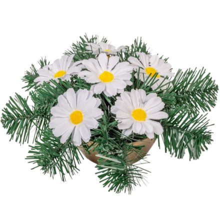 Sírdísz kerek mini tálban fehér margaréta selyemvirággal M13x22cm