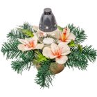 Sírdísz kerek tálban üvegmécsessel, selyem asztróval M22x32cm