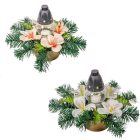 Sírdísz kerek tálban üvegmécsessel, selyem asztróval M22x32cm