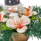 Sírdísz kerek tálban üvegmécsessel, selyem asztróval M22x32cm