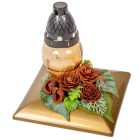 Sírdísz négyzetes arany tálban üvegmécsessel és szárazvirággal M20x17cm