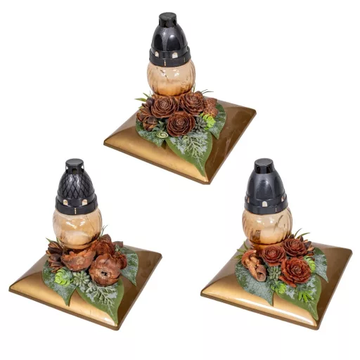 Sírdísz négyzetes arany tálban üvegmécsessel és szárazvirággal M20x17cm