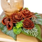 Sírdísz négyzetes arany tálban üvegmécsessel és szárazvirággal M20x17cm