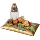 Sírdísz téglalap arany tálban üvegmécsessel és szárazvirággal M23x28cm