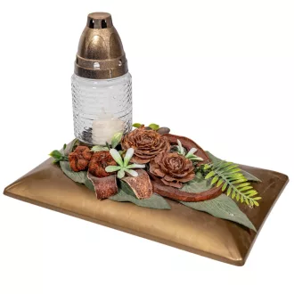   Sírdísz téglalap arany tálban üvegmécsessel és szárazvirággal M23x28cm