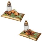 Sírdísz téglalap arany tálban üvegmécsessel és szárazvirággal M23x28cm