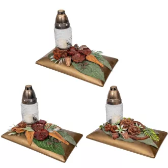   Sírdísz téglalap arany tálban üvegmécsessel és szárazvirággal M23x28cm