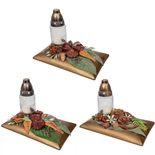 Sírdísz téglalap arany tálban üvegmécsessel és szárazvirággal M23x28cm