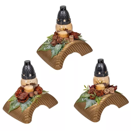 Sírdísz domború arany tálban üvegmécsessel és szárazvirággal M21x21cm