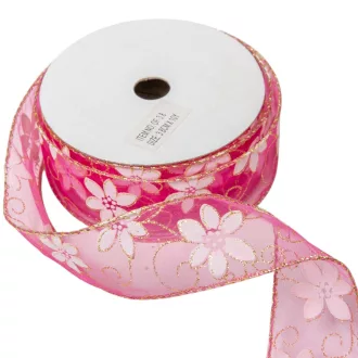   Aranyszélű drótos organza szalag virág mintás sötétrózsaszín 3,8cmx10yard