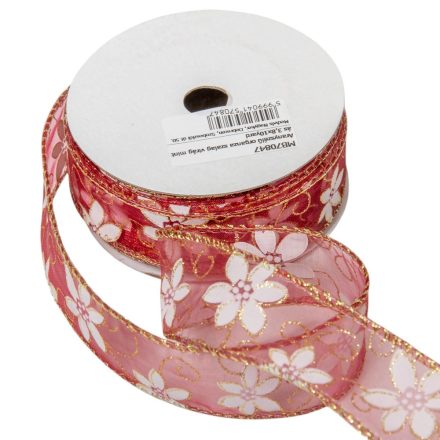 Aranyszélű drótos organza szalag virág mintás mályva 3,8cmx10yard