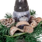 Sírdísz közepes hajóban üvegmécsessel, havas szárazvirrággal M22x40cm