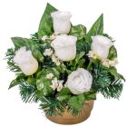 Sírdísz féloldalas arany műanyag tálban rózsa díszítéssel M24x24cm
