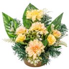 Sírdísz féloldalas arany műanyag tálban vegyes selyemvirág díszítéssel M22x25cm
