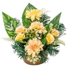   Sírdísz féloldalas arany műanyag tálban vegyes selyemvirág díszítéssel M22x25cm
