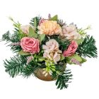 Sírdísz arany műanyag  tálban vegyes selyemvirág díszítéssel M19x30cm
