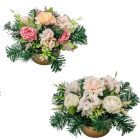 Sírdísz arany műanyag  tálban vegyes selyemvirág díszítéssel M19x30cm
