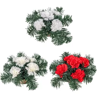   Sírdísz kis arany műanyag tálban selyem szegfű díszítéssel M13x25cm
