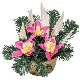   Sírdísz féloldalas arany műanyag  tálban selyem orchidea díszítéssel M19x25cm
