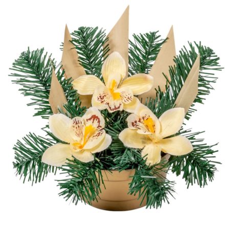 Sírdísz féloldalas arany műanyag  tálban selyem orchidea díszítéssel