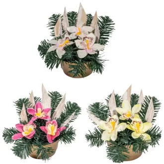   Sírdísz féloldalas arany műanyag  tálban selyem orchidea díszítéssel M19x25cm

