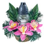 Sírdísz féloldalas arany műanyag tálban tálban mécsessel, selyem orchidea díszítéssel M23x24cm