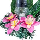 Sírdísz féloldalas arany műanyag tálban tálban mécsessel, selyem orchidea díszítéssel M23x24cm