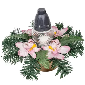   Sírdísz arany műanyag arany tálban üvegmécsessel, orchidea díszítéssel M22x32cm
