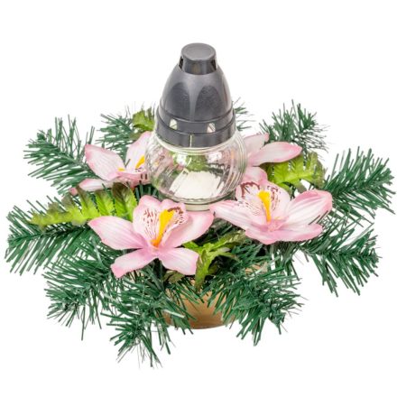 Sírdísz arany műanyag arany tálban üvegmécsessel, orchidea díszítéssel