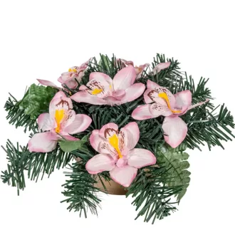  Sírdísz arany műanyag tálban selyem orchidea díszítéssel M14x30cm
