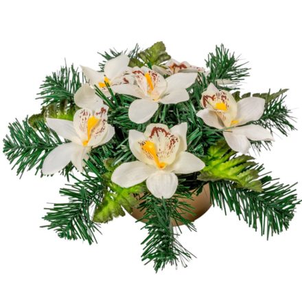 Sírdísz arany műanyag tálban selyem orchidea díszítéssel