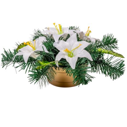 Sírdísz arany műanyag  tálban selyem liliom díszítéssel