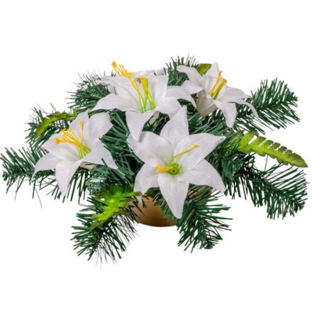 Sírdísz arany műanyag  tálban selyem liliom díszítéssel M15x30cm