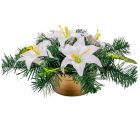 Sírdísz arany műanyag  tálban selyem liliom díszítéssel M15x30cm