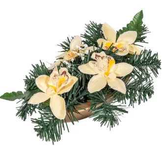   Sírdísz arany kis hajóban selyem  orchidea díszítéssel M11x31cm