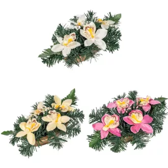   Sírdísz arany kis hajóban selyem  orchidea díszítéssel M11x31cm