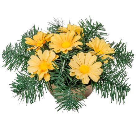 Sírdísz kis arany műanyag tálban selyem margaréta díszítéssel