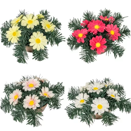 Sírdísz kis arany műanyag tálban selyem margaréta díszítéssel M12x25cm
