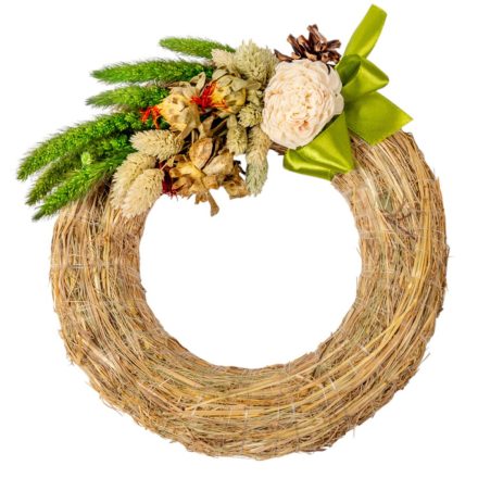 Széna koszorú szárazvirág és ming díszítéssel 20cm