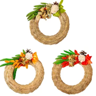 Széna koszorú szárazvirág és ming díszítéssel 20cm