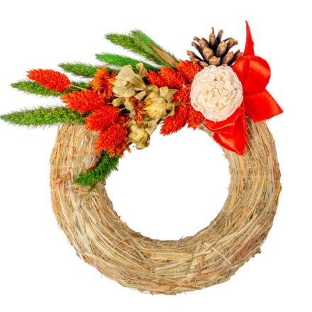 Széna koszorú szárazvirág és ming díszítéssel 15cm