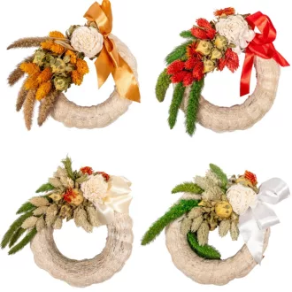 Széna koszorú szárazvirág és ming díszítéssel 12cm