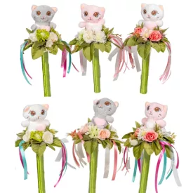 Ballagási csokor plüss cicával selyem virággal 34cm