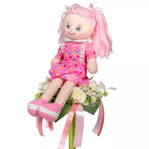 Ballagási csokor plüss babával selyem virággal 47cm