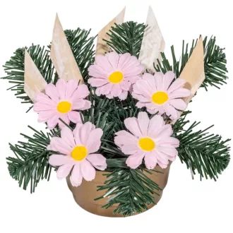   Sírdísz kerek arany műanyag tálban féloldalas színes selyem margaréta díszítéssel M21x25cm   