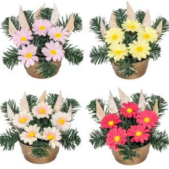   Sírdísz kerek arany műanyag tálban féloldalas színes selyem margaréta díszítéssel M21x25cm   