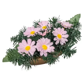   Sírdísz kis arany műanyag hajóban színes selyem margaréta díszítéssel M12x30cm  